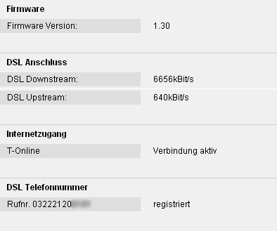 Statusausgabe eines Speedport W500V mit FW 1.30